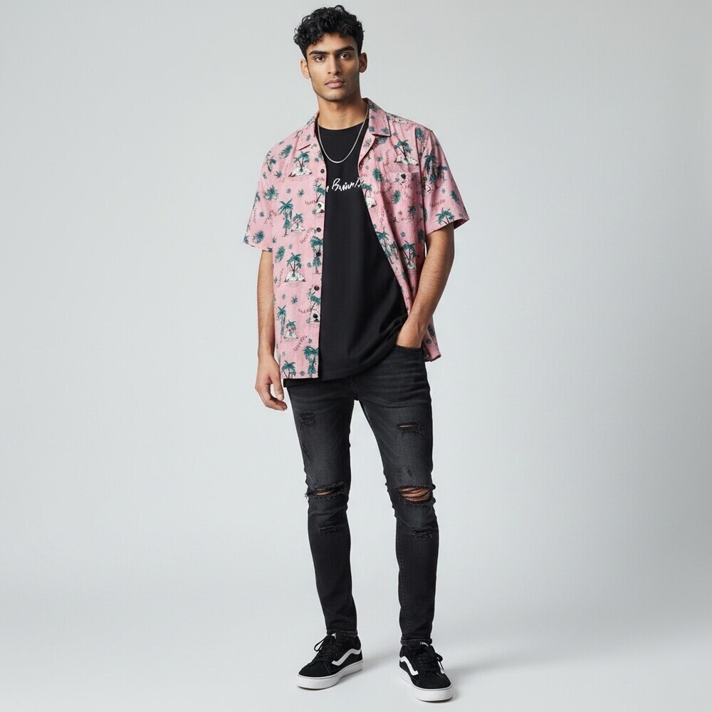 Eighty Eight Pink Paradise Skull Tropical Print Short Sleeve Button Down Shirt L